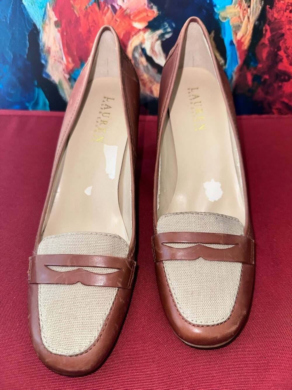 No.15 Ralph Lauren Women's Brown Leather and Raffia Penny Loafer Pumps